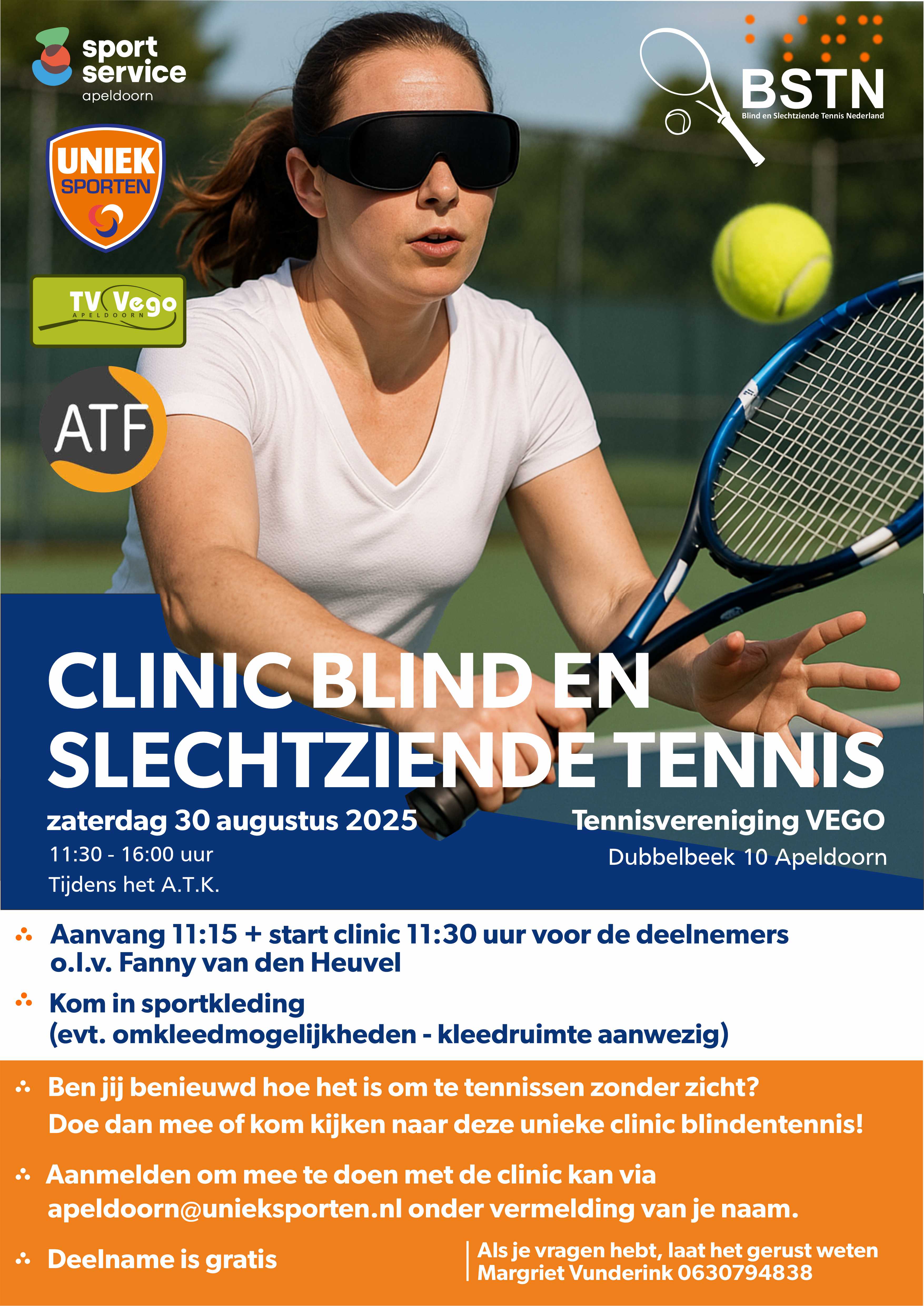 Clinic blind en slechtzienden tennis, zaterdag 30 augustus bij TV Vego