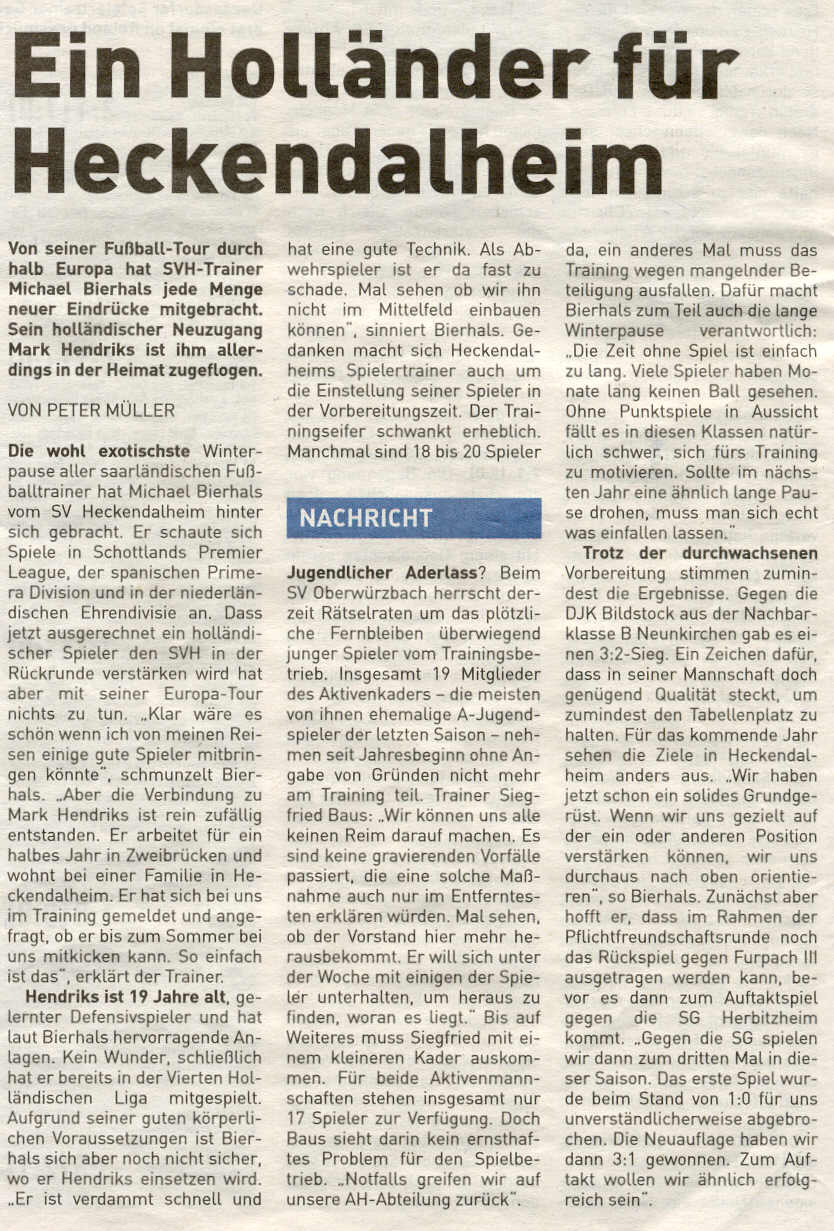 ’Ein Holländer für Heckdalheim’ – Artikel Mark Hendriks